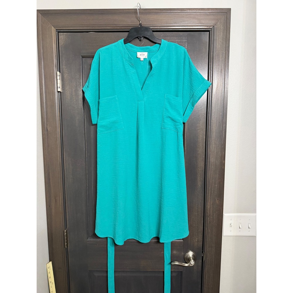 Perch by Blu Pepper Womens 3X Teal Green Split Neck Short Sleeve Tie Waist Dress